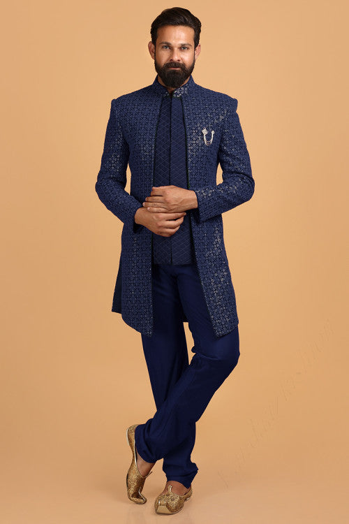 Navy Blue Georgette Embroidered Men Jacket Style Sherwani