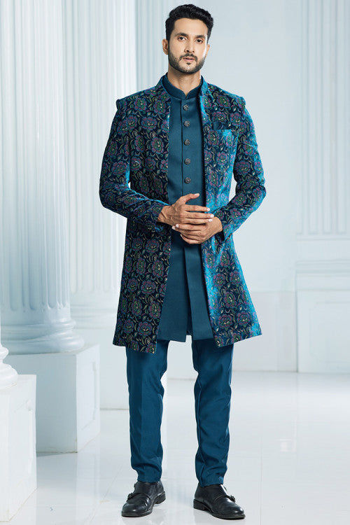 Peacock Blue Silk Men's Sherwani With Embroidered Jacket