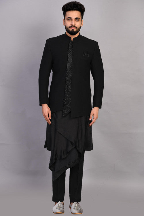 Plain Cotton Silk Black Men Kurta Pajama With Embroidered Jacket