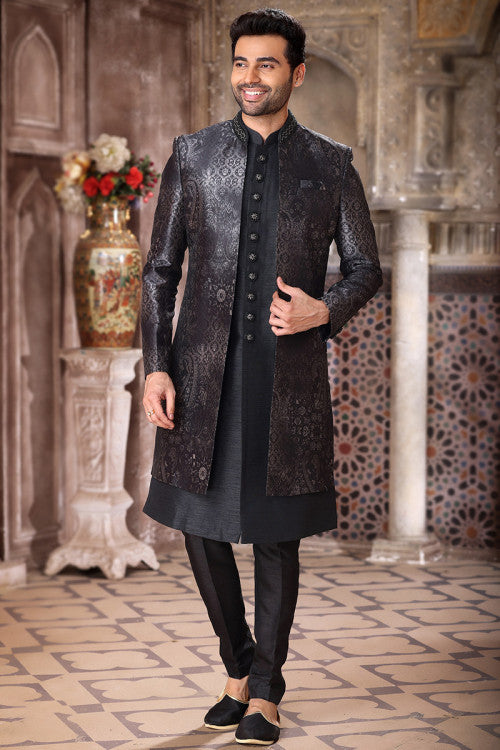 Plain Dupion Silk Black Jacket Style Men's Sherwani