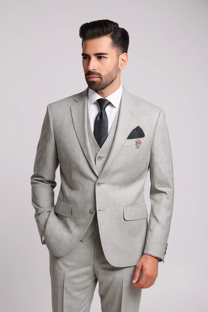 Men’s Light Sand Grey 3-Piece Suit – Modern Fit Formal Wear