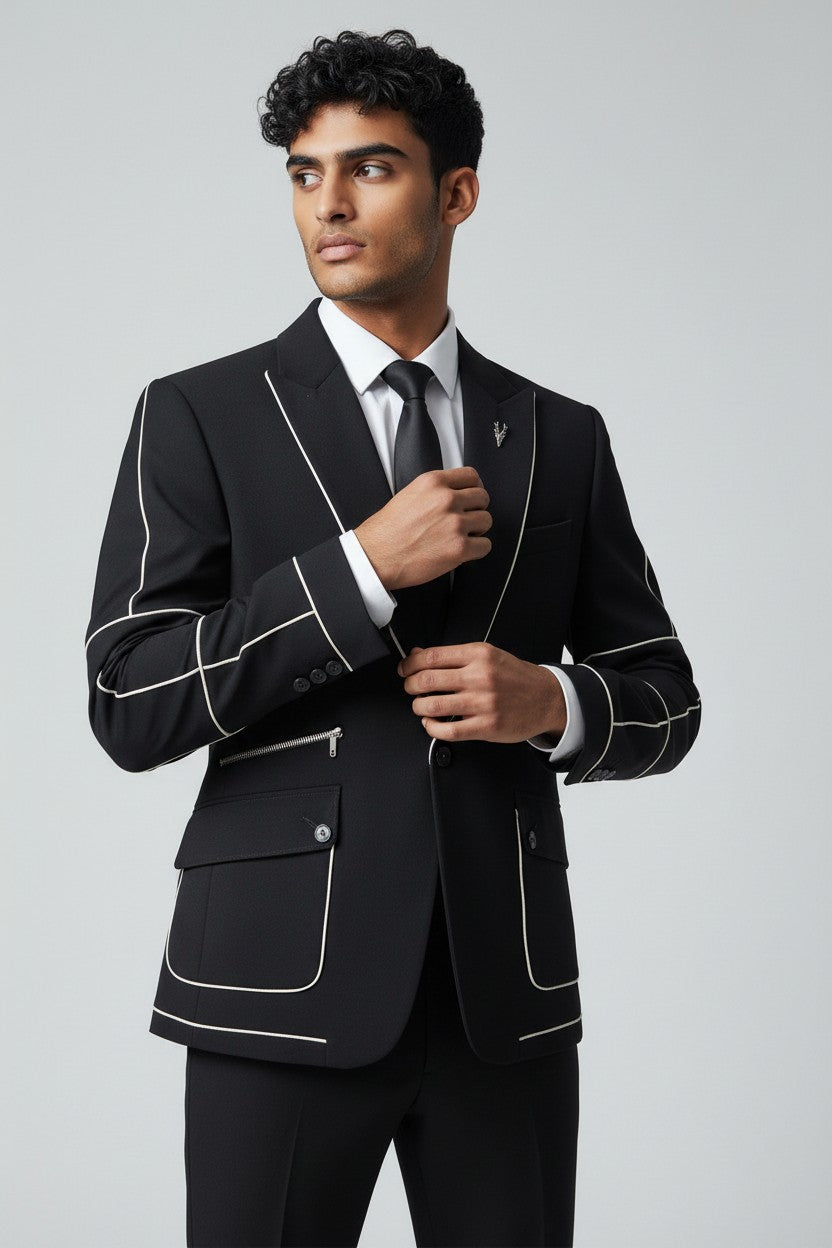 Men’s Black Contrast Piping Suit – Modern Designer Formal Wear