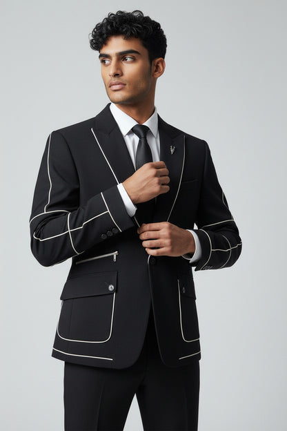 Men’s Black Contrast Piping Suit – Modern Designer Formal Wear