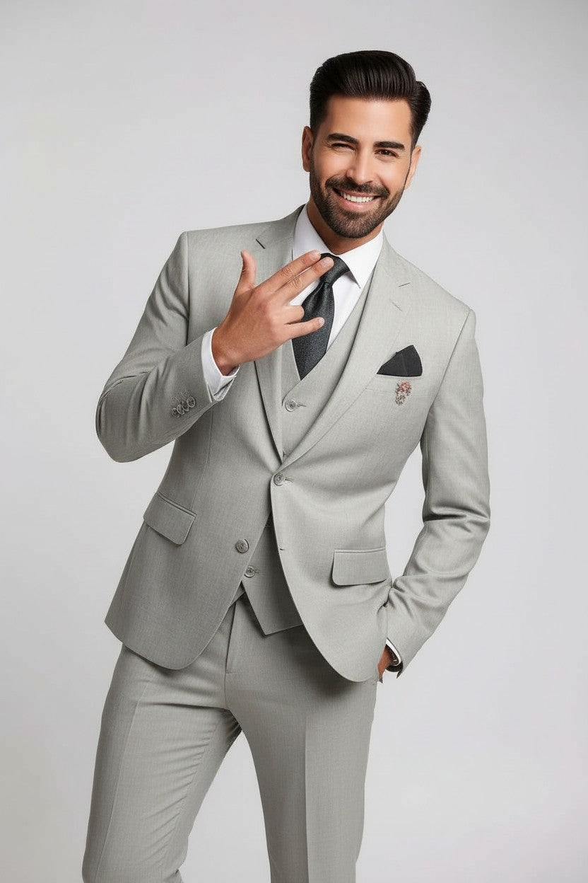 Men’s Light Sand Grey 3-Piece Suit – Modern Fit Formal Wear