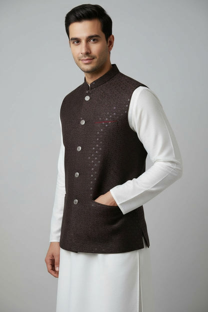 Men’s Chocolate Brown Sequin-Embellished Nehru Jacket – Elegant Festive Wear