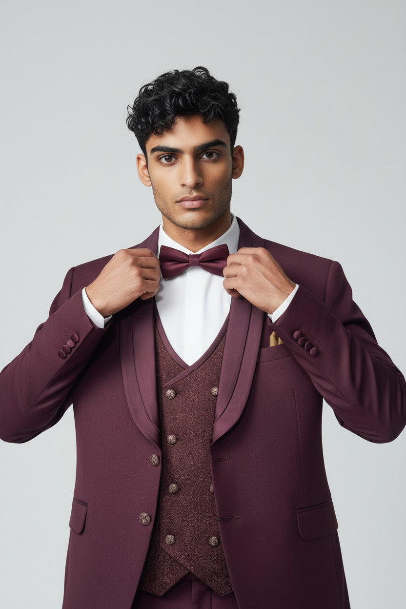 Men’s Burgundy 3-Piece Suit – Shawl Lapel Wedding & Formalwear Set