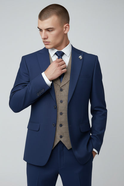 Men’s Royal Blue 3-Piece Suit with Beige Waistcoat – Modern Formal Wear