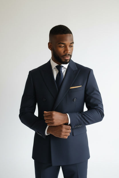 Men’s Navy Double-Breasted Suit – Tailored Peak Lapel Formalwear