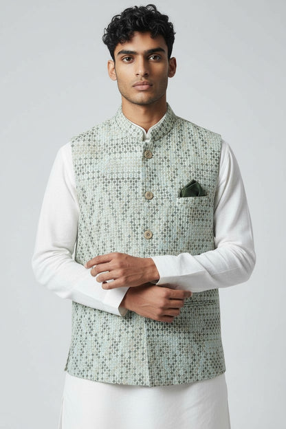Men’s Mint Green Textured Pattern Nehru Jacket – Elegant Festive Wear