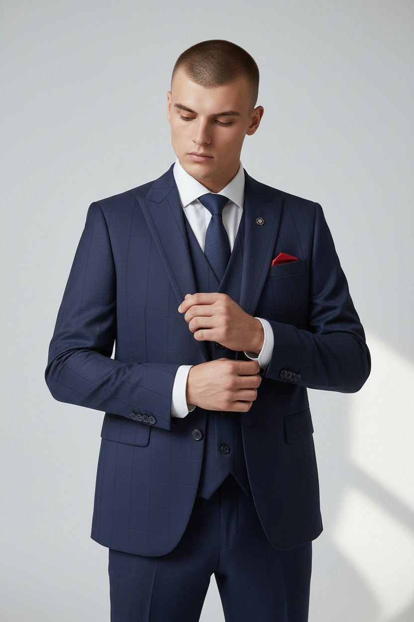 Men’s Royal Blue Stripe 3-Piece Suit – Tailored Fit with Matching Vest