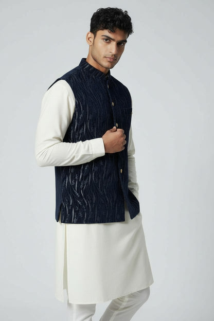 Men’s Navy Textured Embroidered Nehru Jacket – Luxe Festive & Wedding Wear