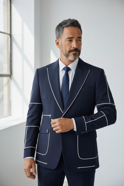 Men’s Navy Contrast Piping Suit – Modern Designer Formal Wear