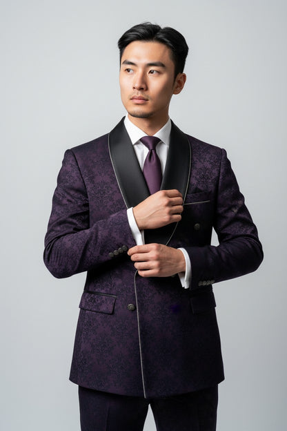 Men’s Purple Jacquard Double-Breasted Tuxedo with Black Shawl Lapel – Luxury Designer Blazer