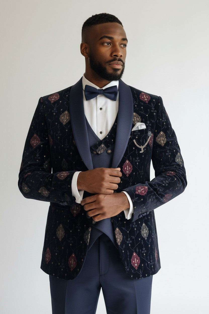 Men’s Navy Velvet Embroidered Tuxedo – 3-Piece Designer Shawl Lapel Set