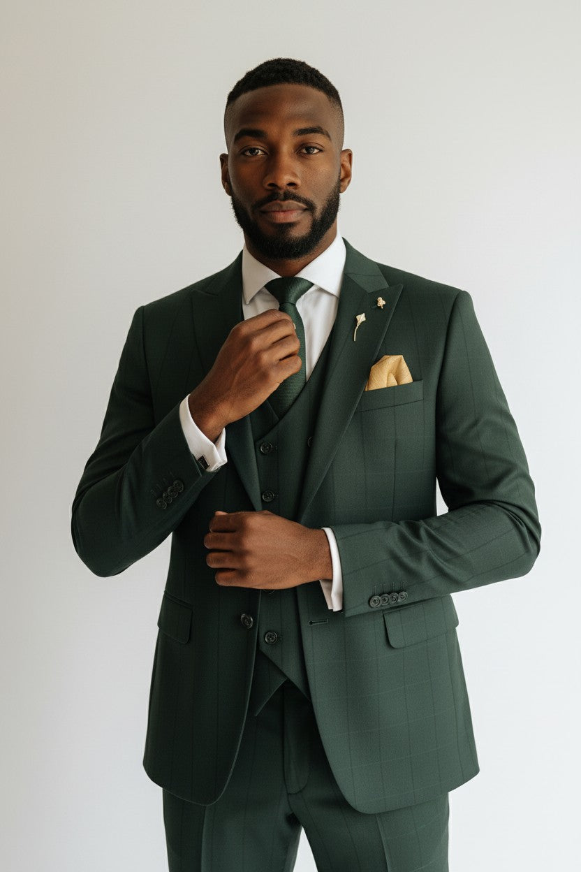 Men’s Forest Green Checkered 3-Piece Suit – Modern Textured Formalwear
