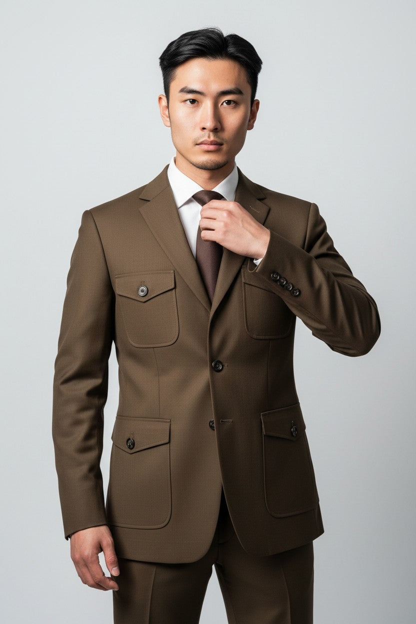 Men’s Brown Safari Utility Suit – Modern 2-Piece with Flap Pockets