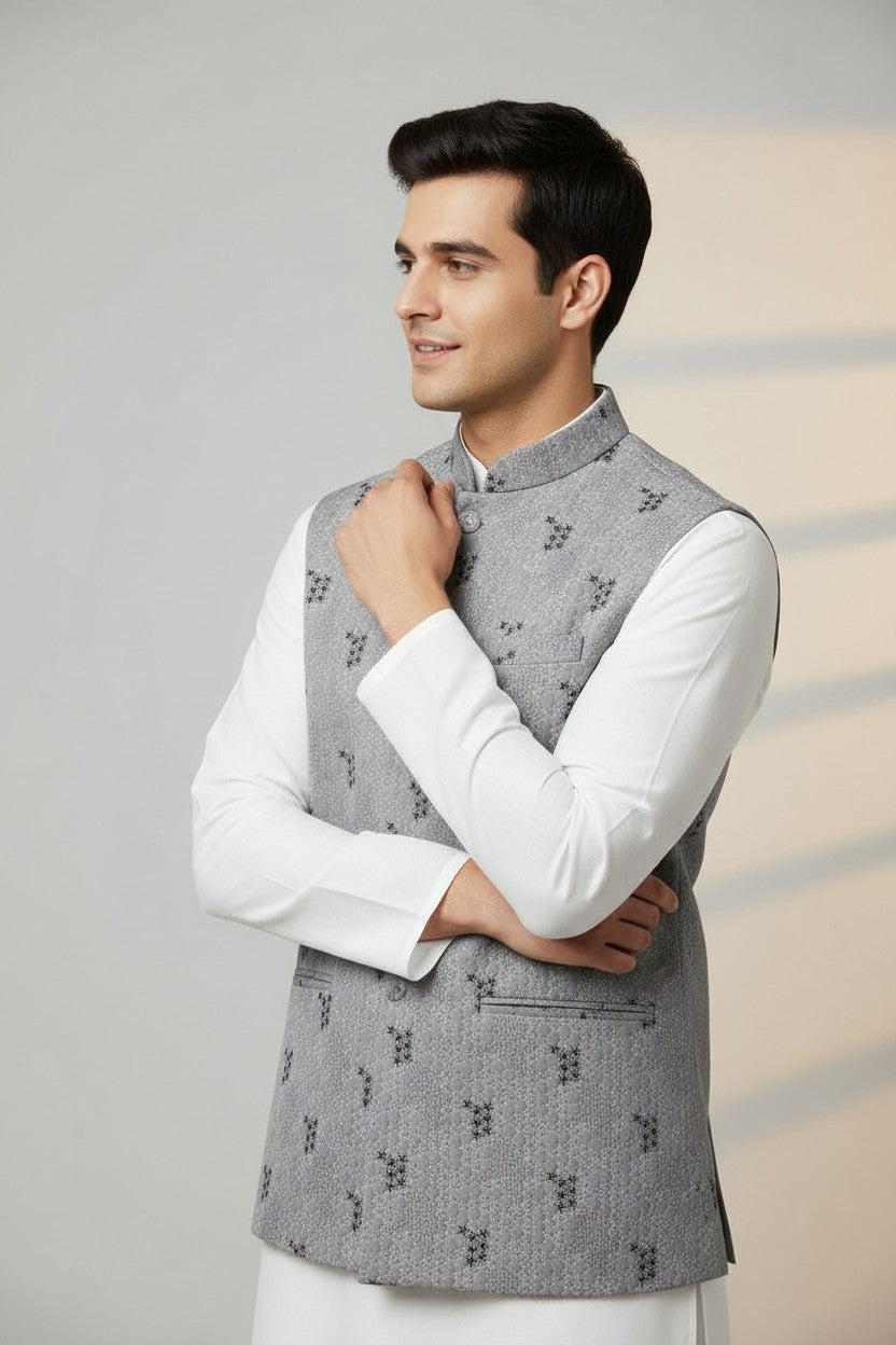 Men’s Light Lavender Textured Embroidered Nehru Jacket – Elegant Festive Wear