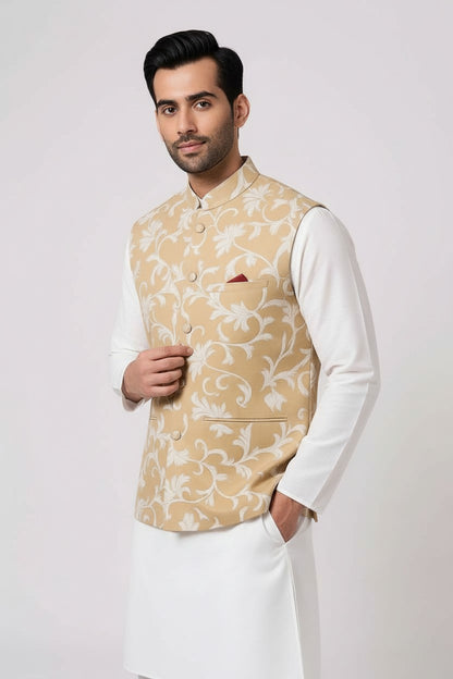 Men’s Beige Floral Embroidered Nehru Jacket – Elegant Festive & Wedding Wear