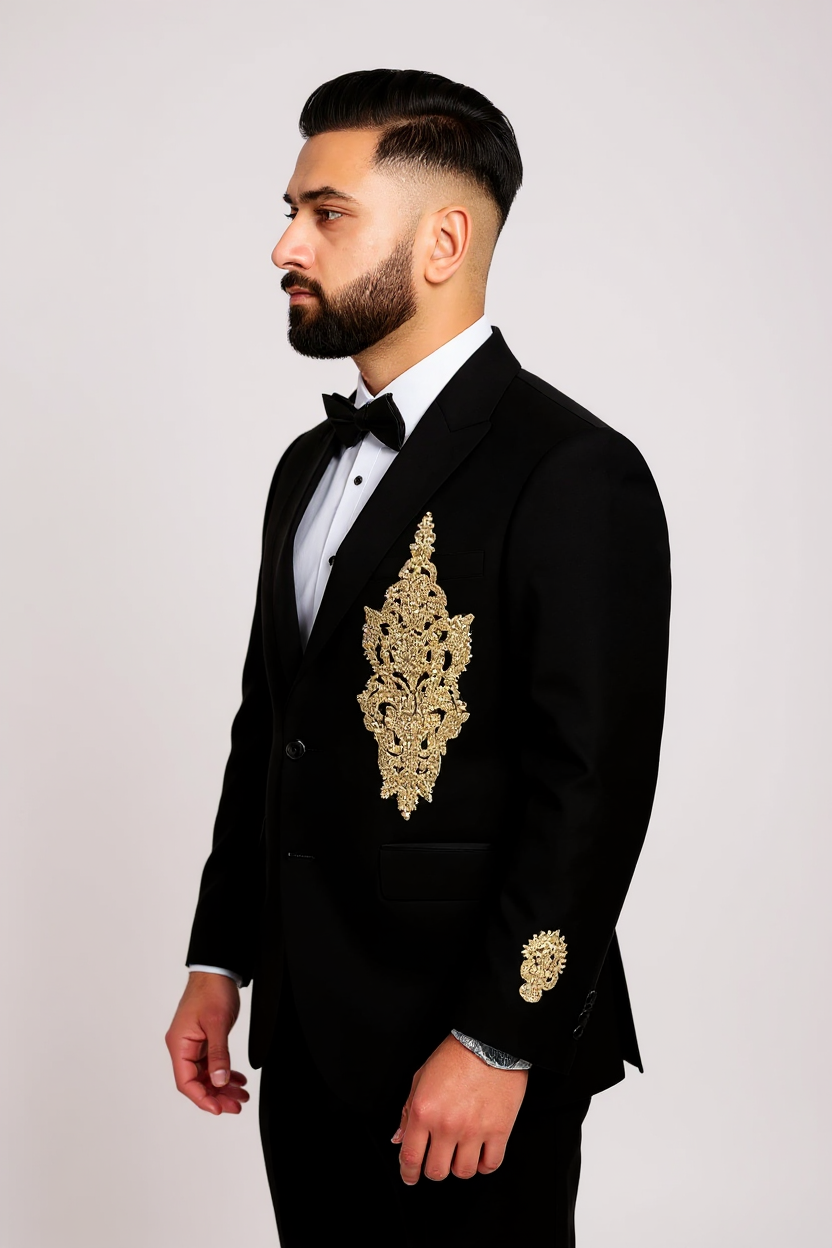 Men’s Black & Gold Statement Suit – Royal Look for Grand Occasions