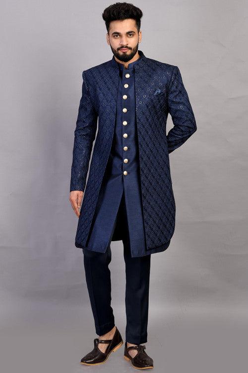 Sequins And Thread Embroidered Raw Silk Navy Blue Men Sherwani