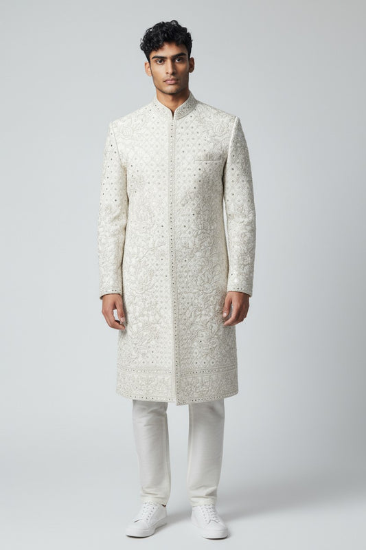 Ivory Hand-Embroidered Sherwani for Men – Luxurious Wedding Ensemble