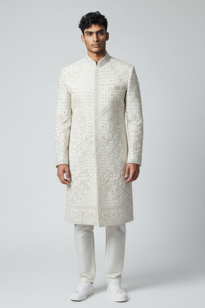 Ivory Handcrafted Sherwani for Men – Intricate Embroidered Wedding Wear