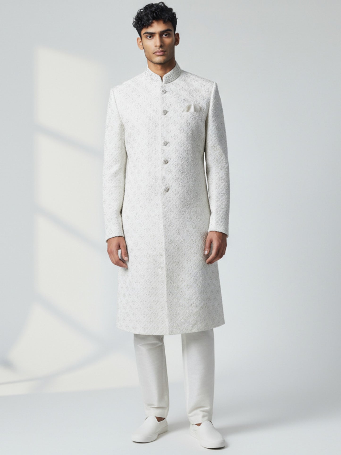 Classic Ivory Textured Sherwani for Men – Minimalist Groom Collection