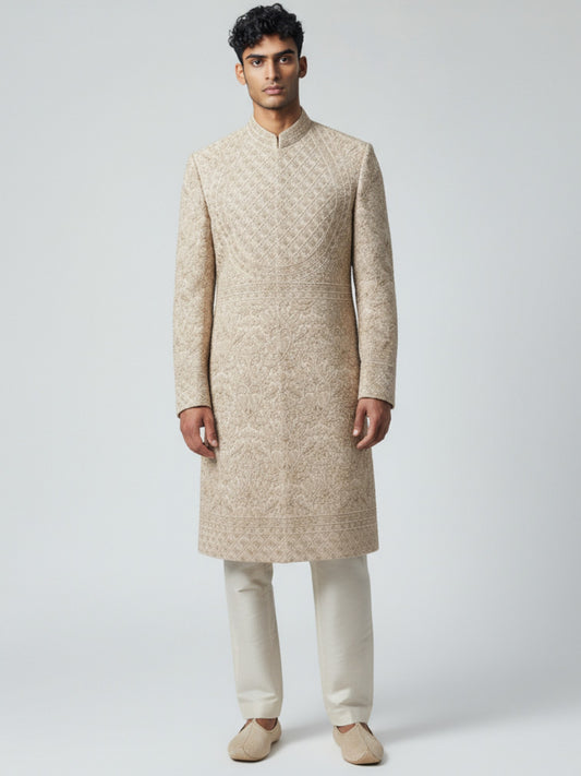 Ivory Hand-Embroidered Sherwani for Men – Royal Wedding Collection