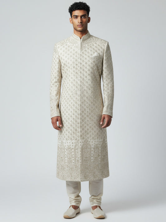 Ivory Designer Sherwani for Men – Handcrafted Embroidered Wedding Outfit