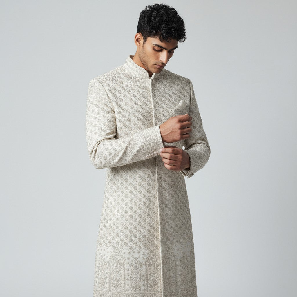 Ivory Designer Sherwani for Men – Handcrafted Embroidered Wedding Outfit