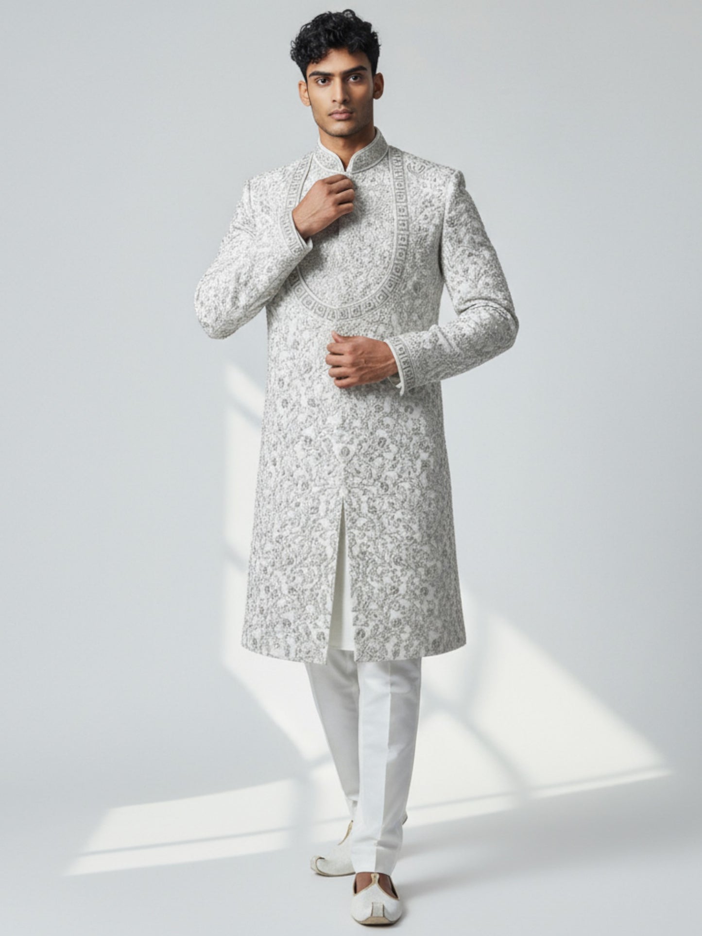 Ivory Embroidered Sherwani for Men – Regal Handcrafted Wedding Wear
