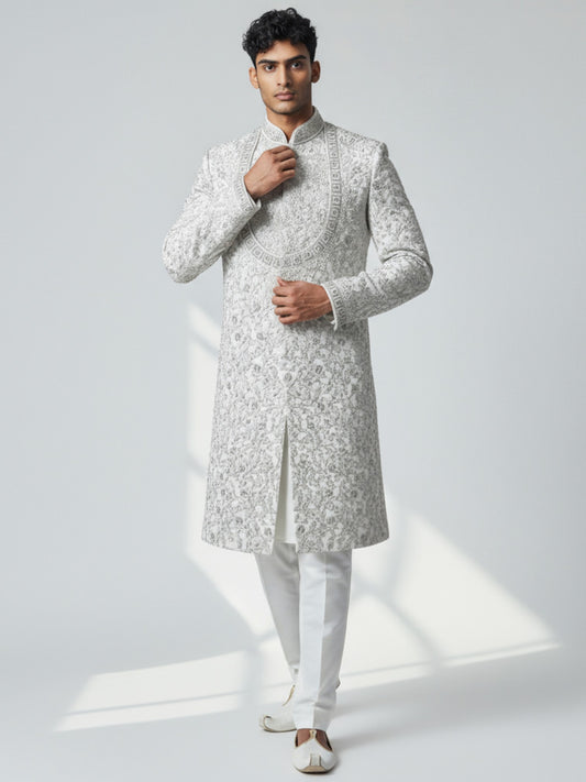 Ivory Embroidered Sherwani for Men – Regal Handcrafted Wedding Wear