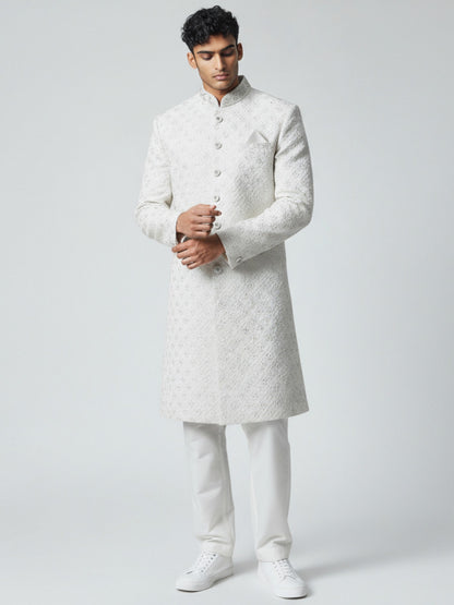 Classic Ivory Textured Sherwani for Men – Minimalist Groom Collection