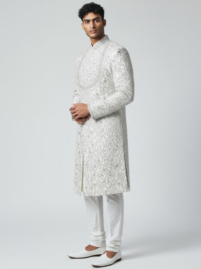 Ivory Embroidered Sherwani for Men – Regal Handcrafted Wedding Wear