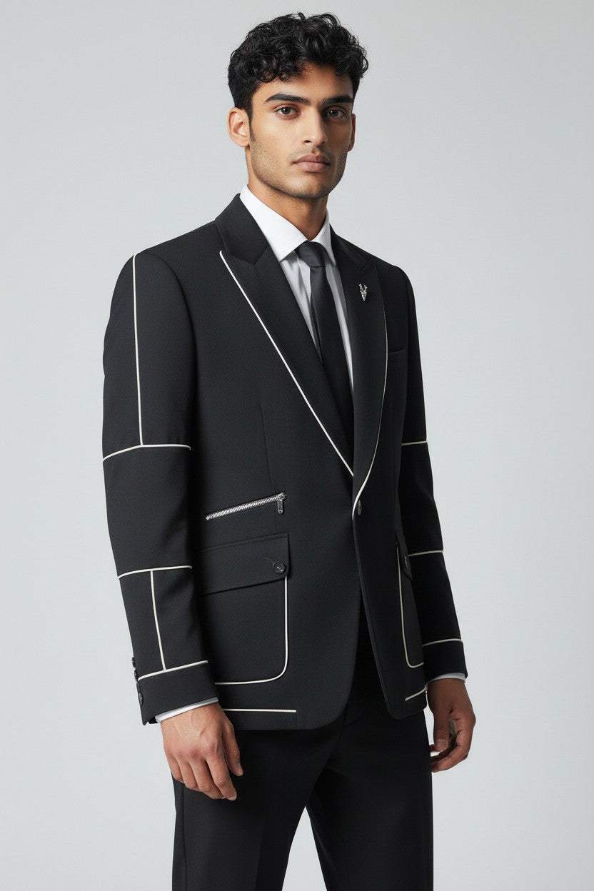 Men’s Black Contrast Piping Suit – Modern Designer Formal Wear