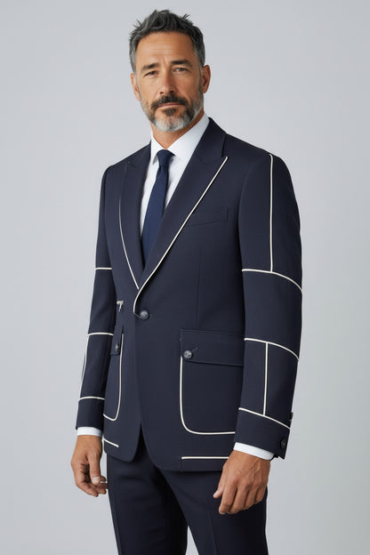 Men’s Navy Contrast Piping Suit – Modern Designer Formal Wear