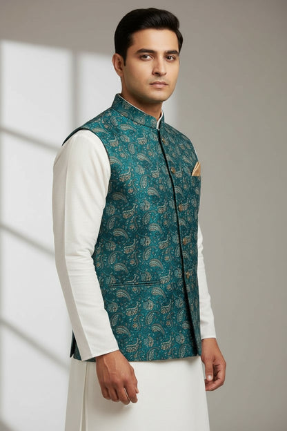 Men’s Teal Paisley Brocade Nehru Jacket – Gold Accented Festive Waistcoat