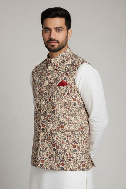 Men’s Cream Multicolour Floral Nehru Jacket – Elegant Festive Waistcoat