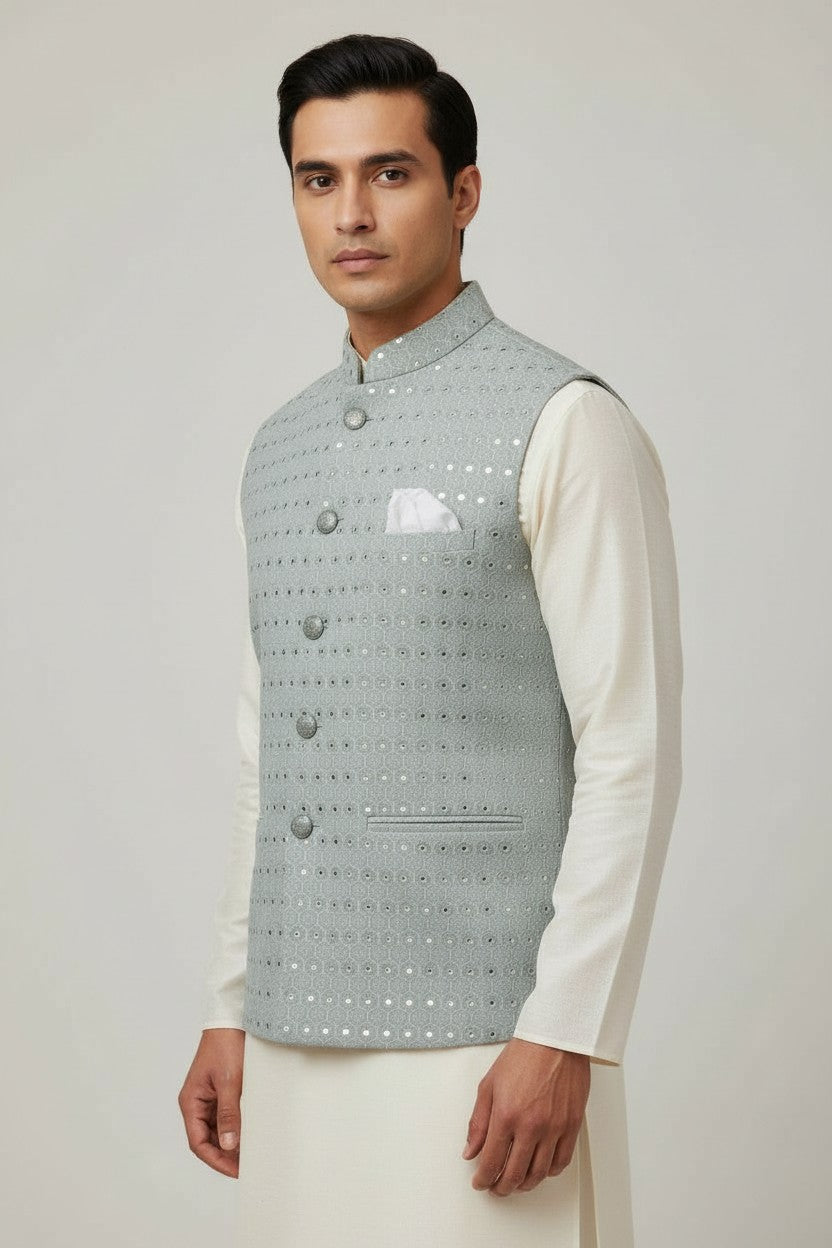 Men’s Sea Green Mirror Work Nehru Jacket – Elegant Wedding & Festive Wear