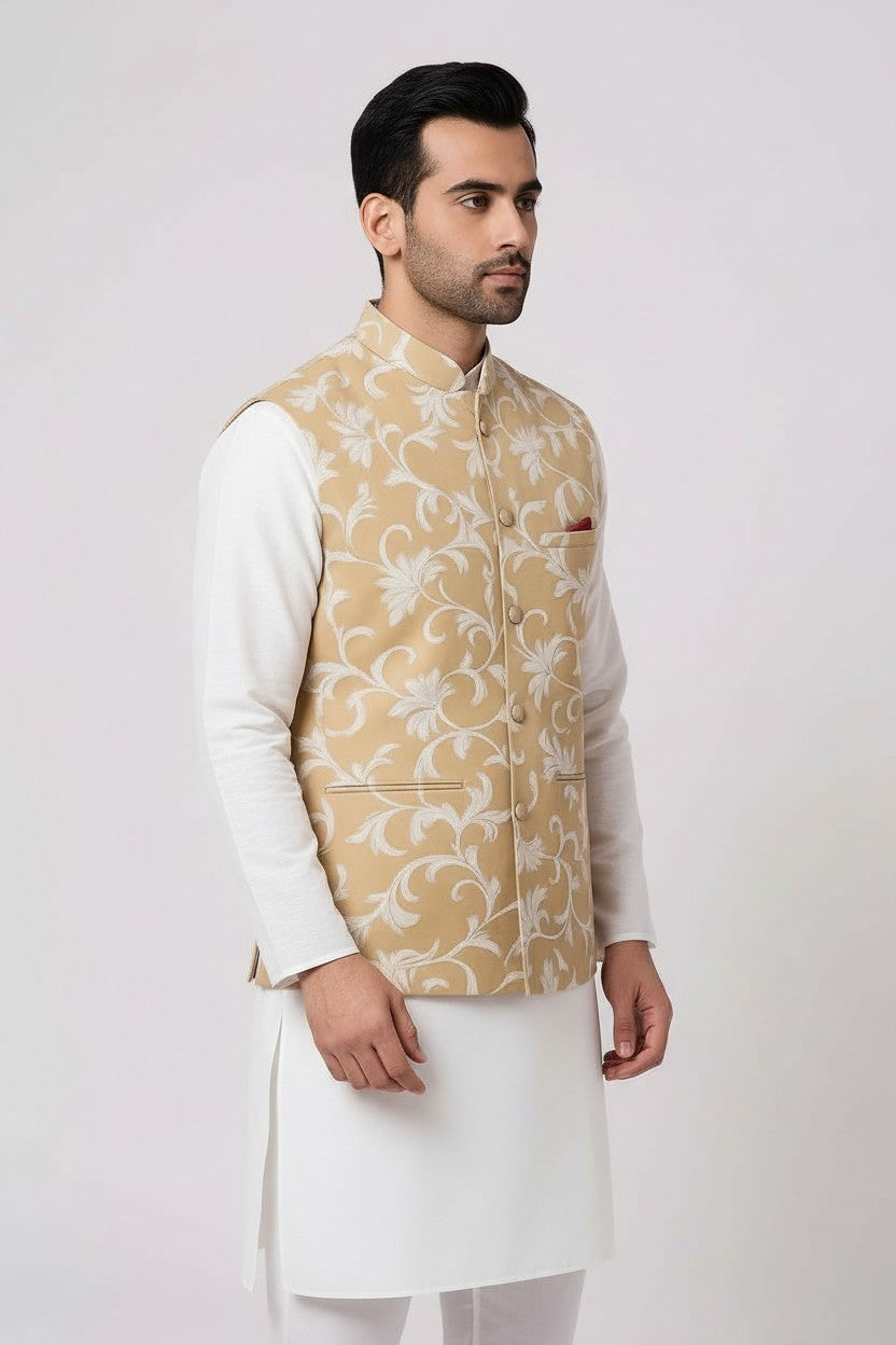 Men’s Beige Floral Embroidered Nehru Jacket – Elegant Festive & Wedding Wear