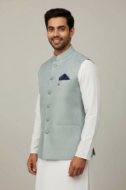 Men’s Mint Blue Jacquard Nehru Jacket – Elegant Festive & Wedding Wear