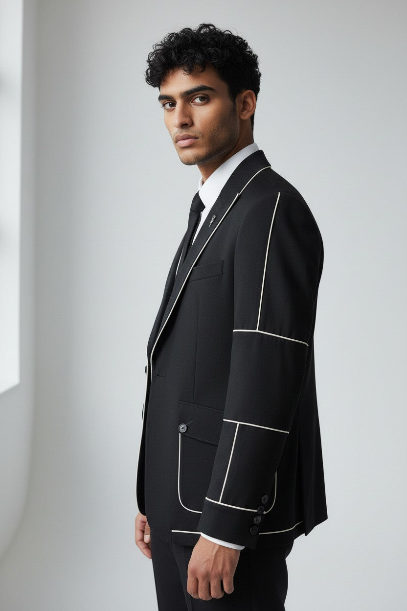 Men’s Black Contrast Piping Suit – Modern Designer Formal Wear