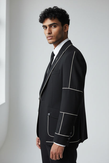 Men’s Black Contrast Piping Suit – Modern Designer Formal Wear