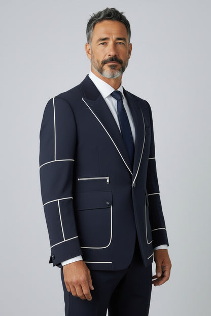 Men’s Navy Contrast Piping Suit – Modern Designer Formal Wear