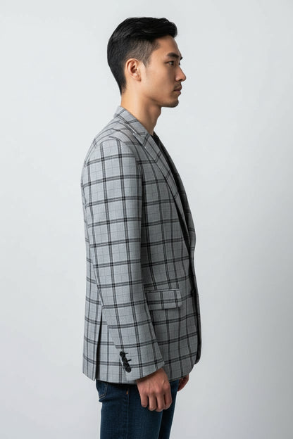 Men’s Light Grey Plaid Check Blazer – Modern Tailored Smart Casual