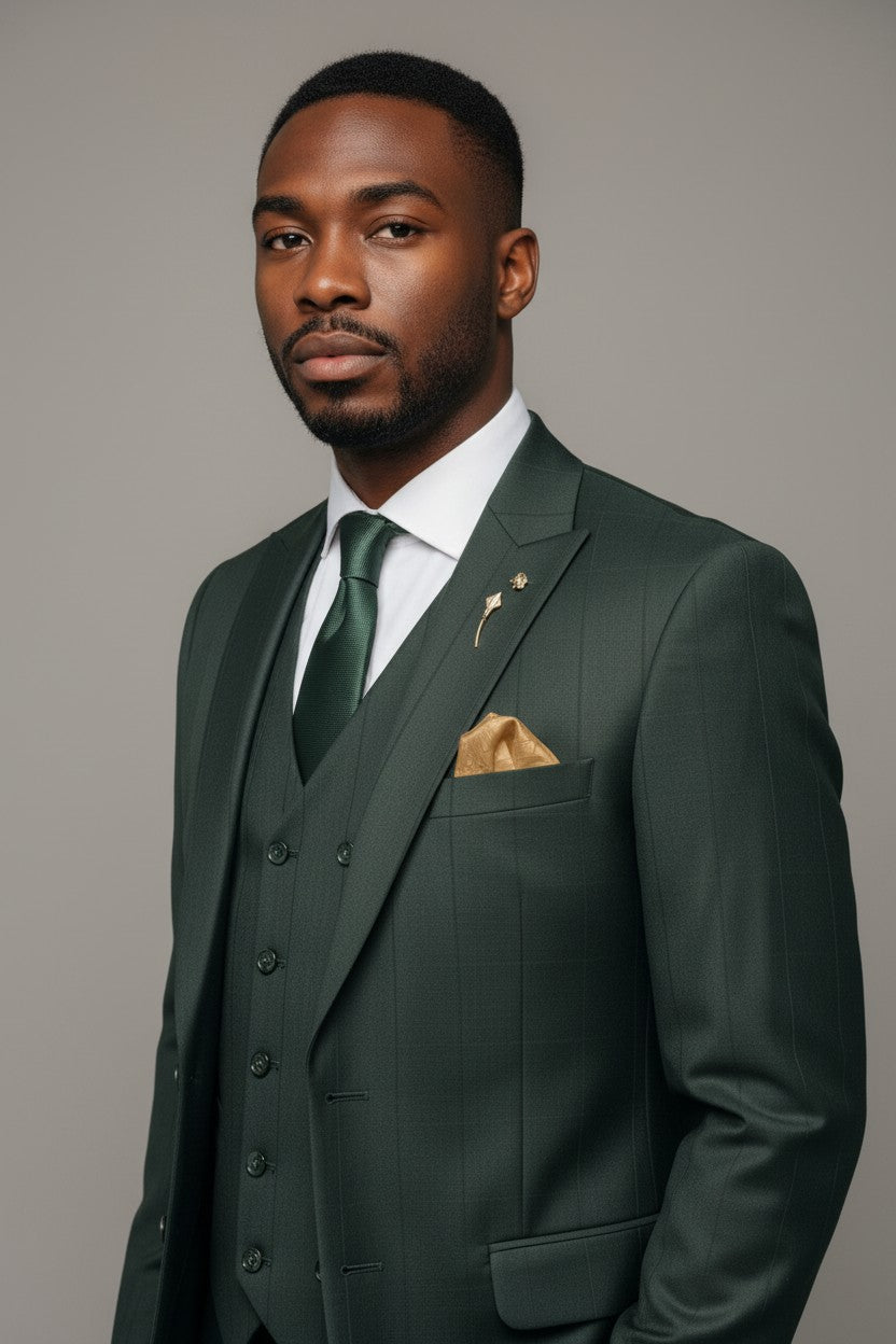 Men’s Forest Green Checkered 3-Piece Suit – Modern Textured Formalwear