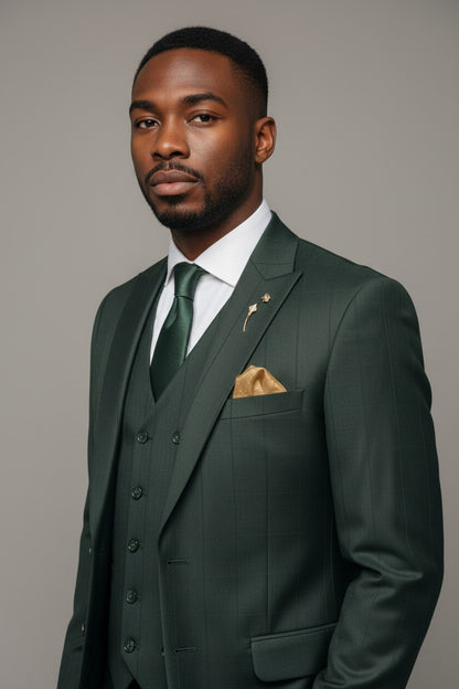 Men’s Forest Green Checkered 3-Piece Suit – Modern Textured Formalwear