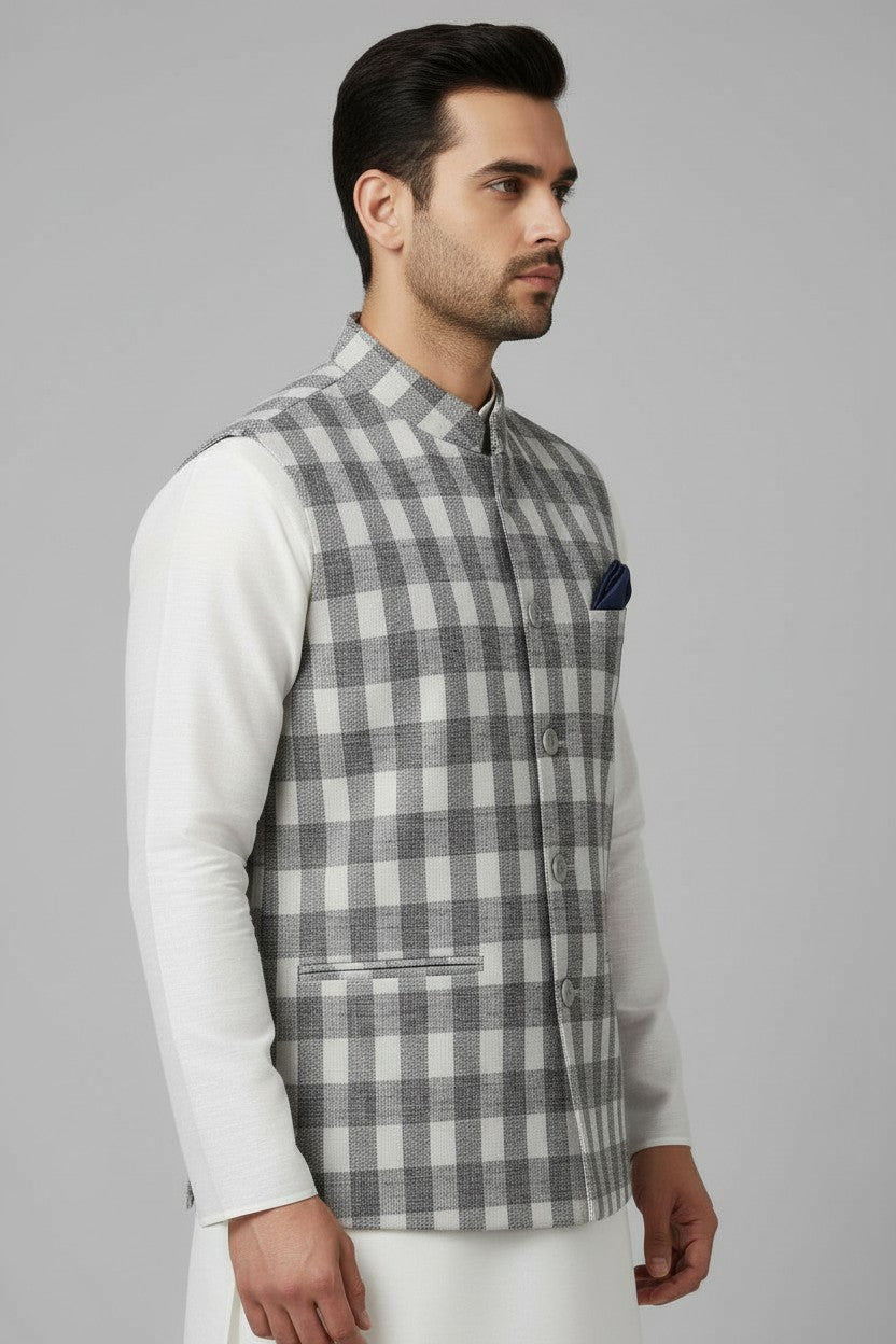 Men’s Grey Checkered Nehru Jacket – Classic Plaid Formal & Festive Wear