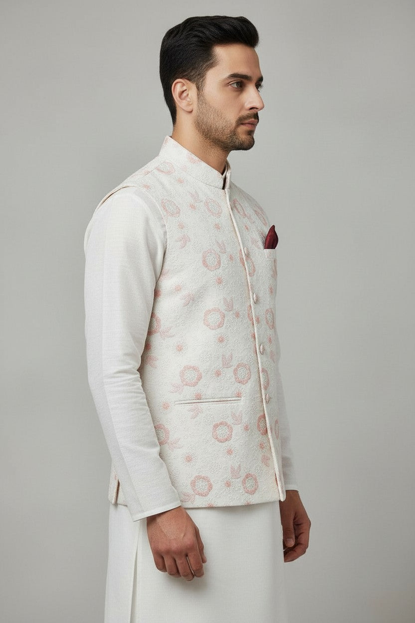 Men’s Ivory Pink Floral Embroidered Nehru Jacket – Soft Pastel Waistcoat
