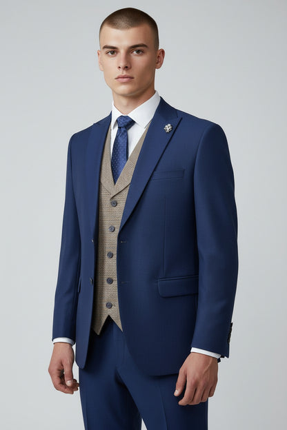 Men’s Royal Blue 3-Piece Suit with Beige Waistcoat – Modern Formal Wear